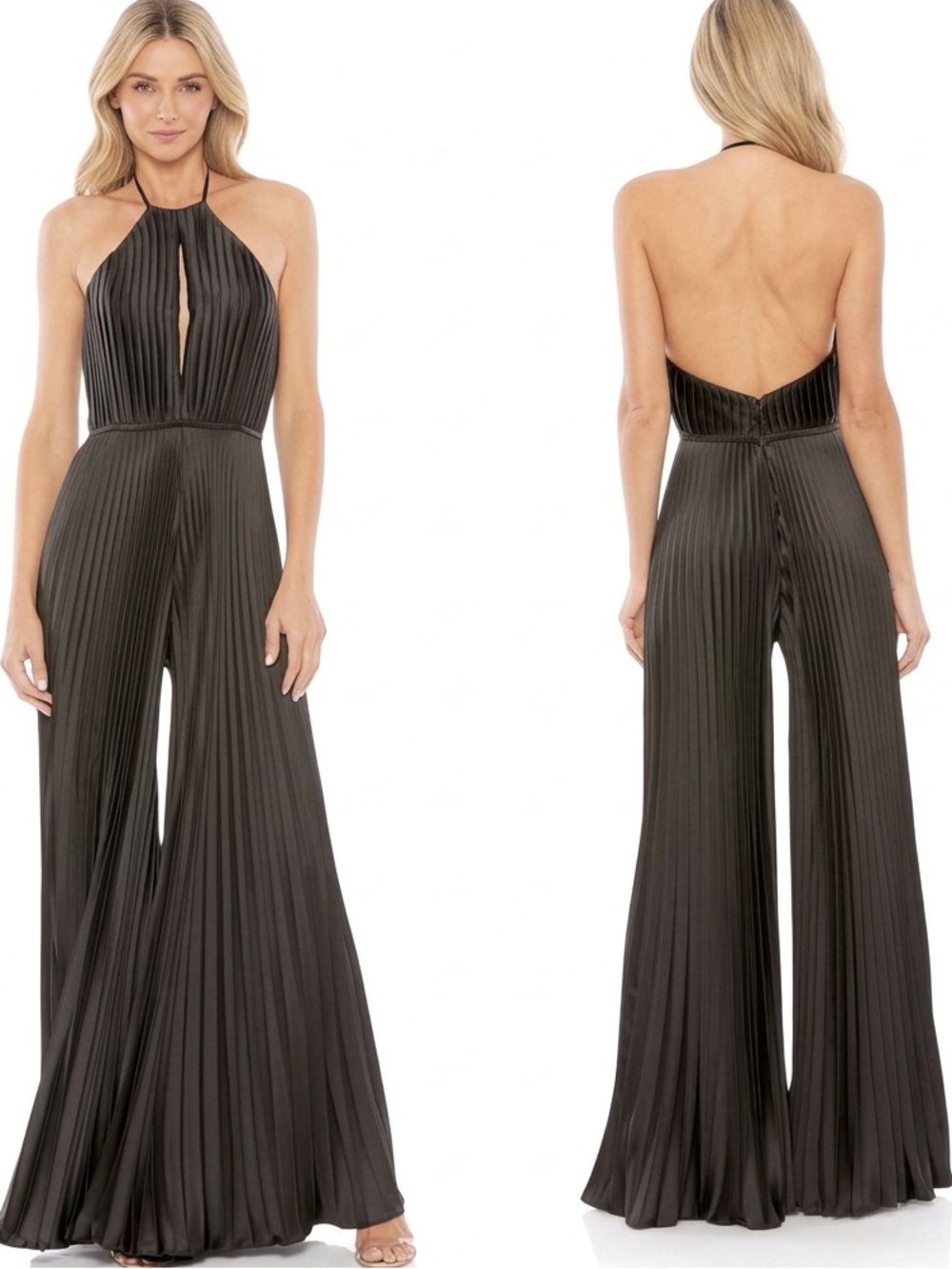 Ieena for Mac Duggal Halter Key Hole  Neck Pleated Wide Leg Jumpsuit Size 6
